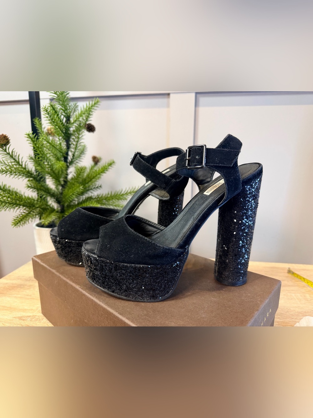 Black Glitter Shoes Peep Toe Chunky Heel Buckle Platform Sandals 7